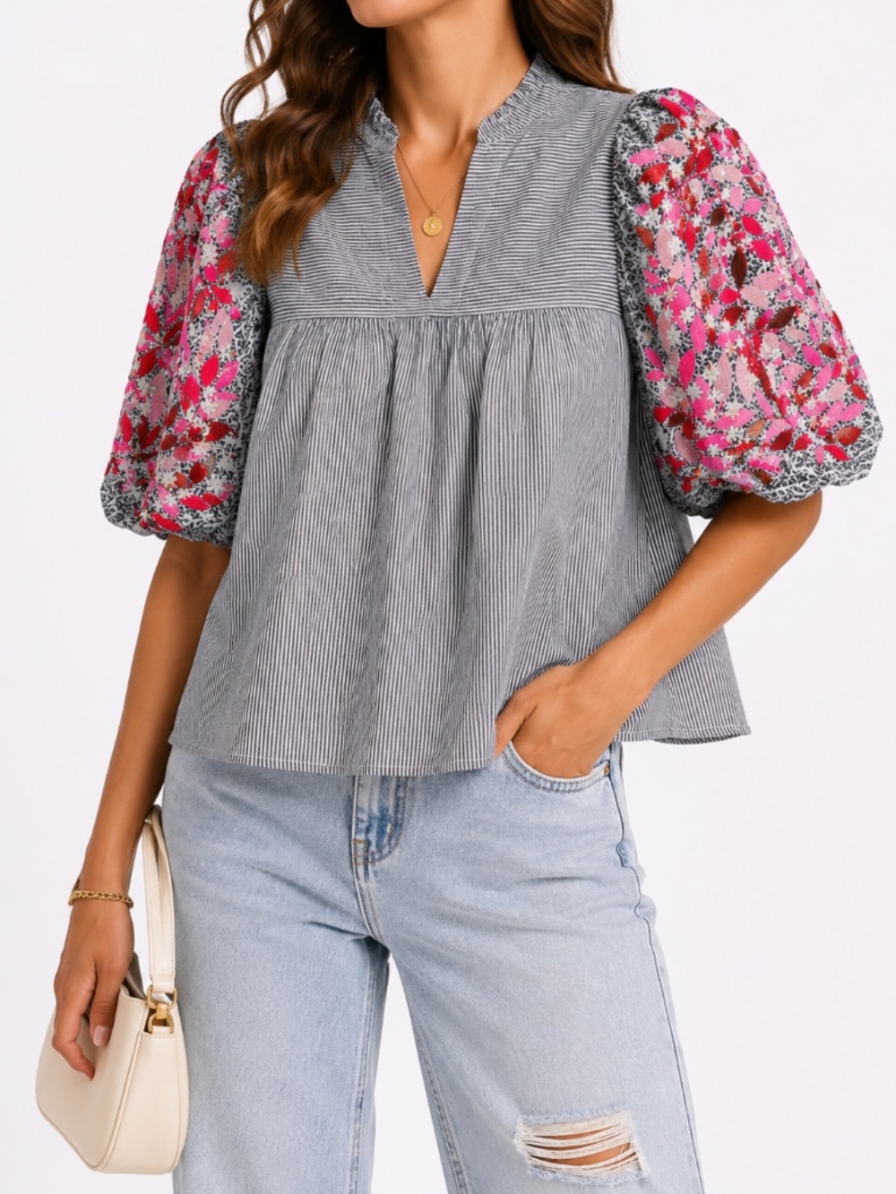 THML Striped Floral Balloon Sleeve Blouse Medium Boho Puff Sleeve Top - Picture 2 of 8